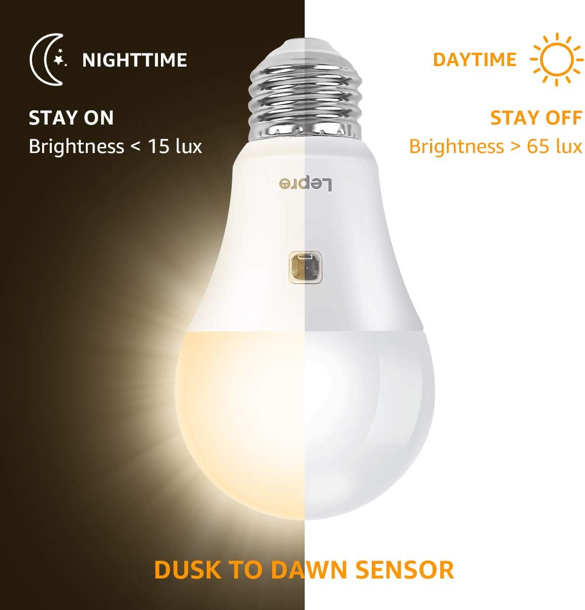 Lepro Sensor Light Bulbs, 9W Dusk to Dawn Light Bulb 60W Equivalent, A19 E26 Sensor Bulbs Outdoor Auto on and Off, Warm White 2700K, 2 Packs