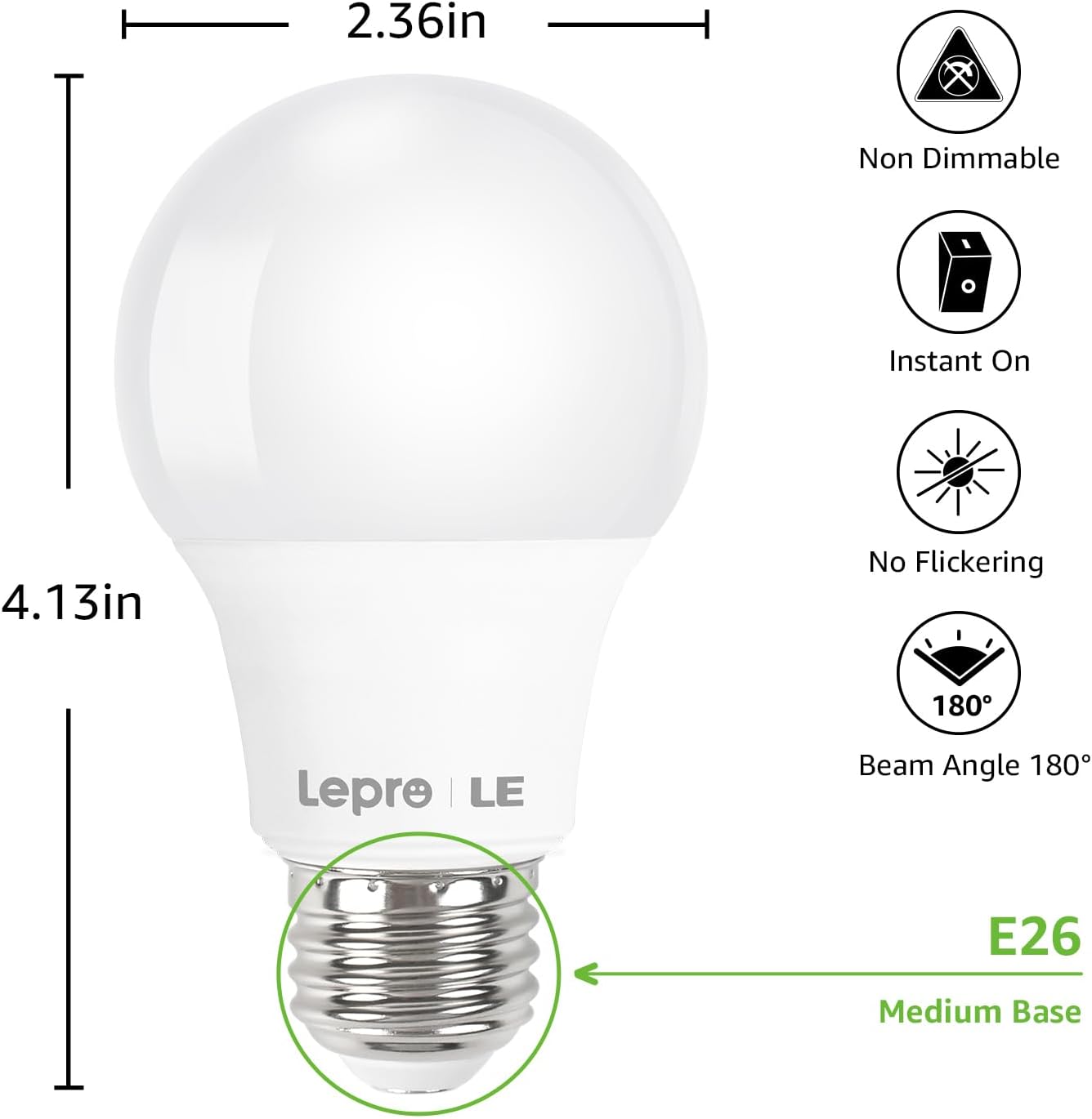 Lepro LED Light Bulbs 60 Watt Equivalent, 9W 800 Lumens Non-Dimmable, Daylight White 5000K, A19 E26 Standard Medium Base, 10000 Hour Lifetime, 3 Packs