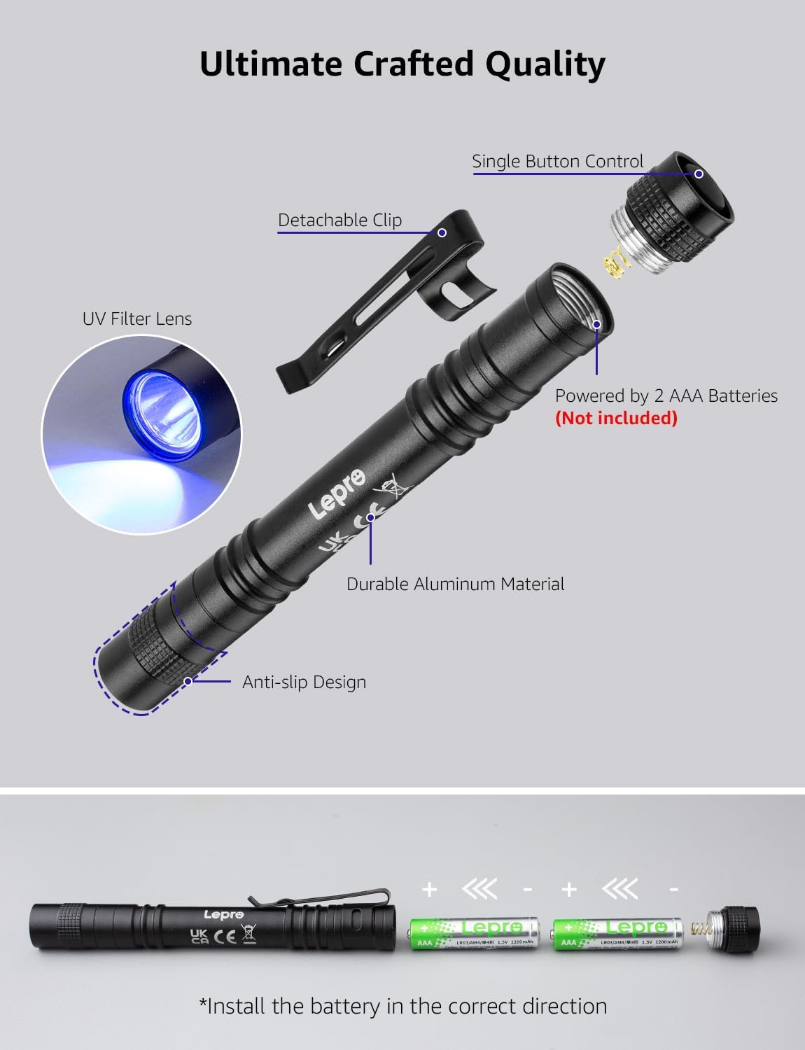 Lepro UV LED flashlight pen showing black exterior with UV light tip, used for detecting pet stains, bed bugs, and urine stains.