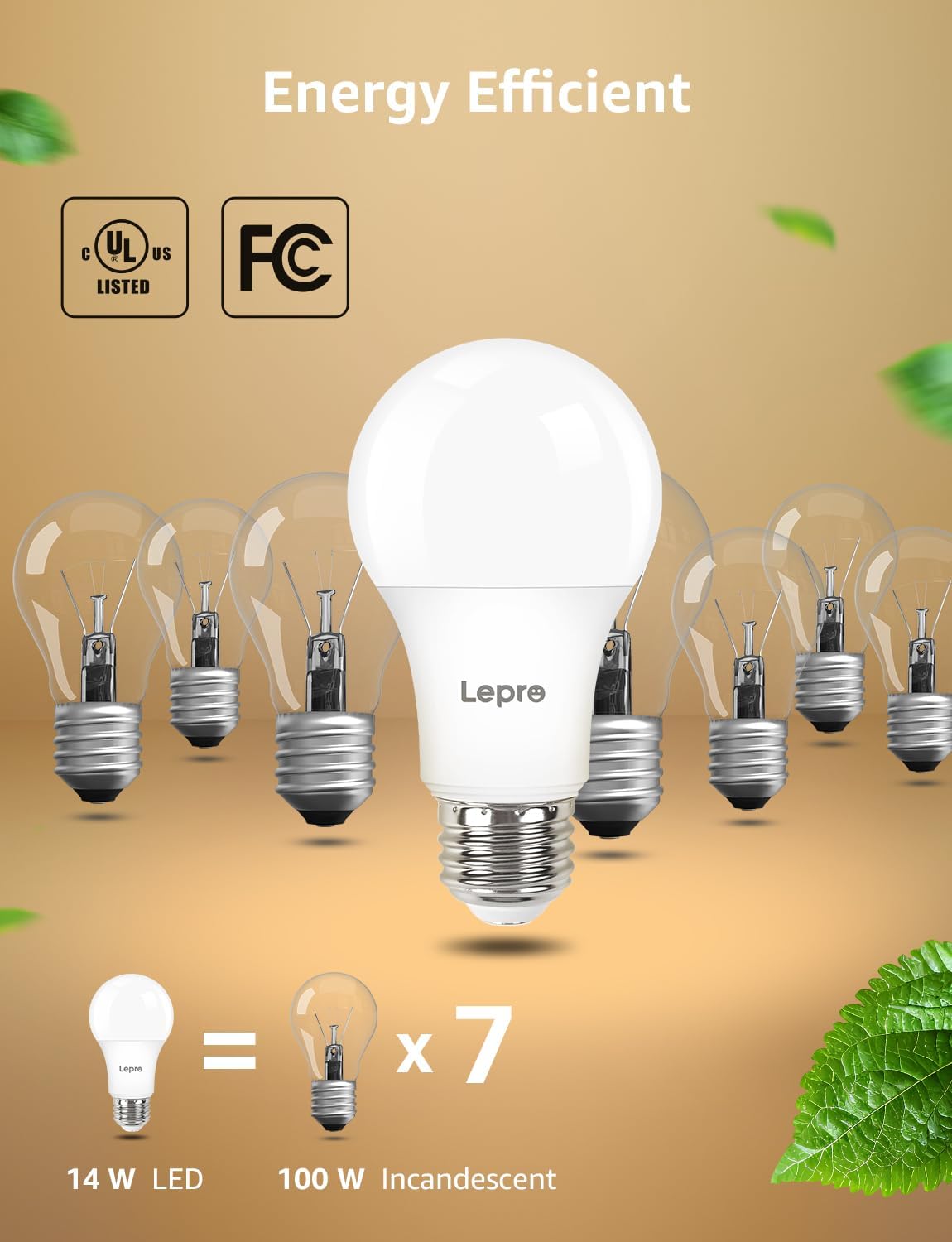 Lepro Dimmable LED Light Bulbs, 100 Watt Equivalent, 14W 1500 Lumens Soft Warm White 2700K LED Bulbs, A19 E26 Standard Base Light Bulb, UL FCC Listed, 15000 Hour Lifetime, 6 Packs