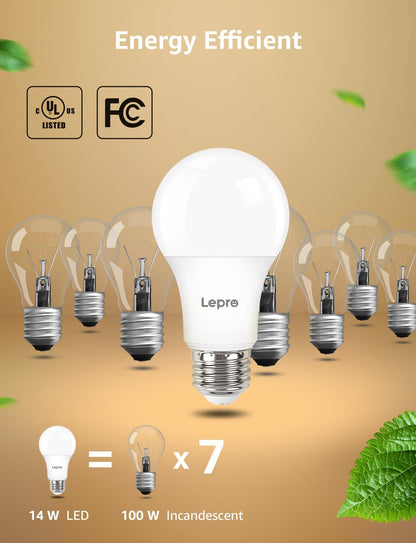 Lepro Dimmable LED Light Bulbs, 100 Watt Equivalent, 14W 1500 Lumens Soft Warm White 2700K LED Bulbs, A19 E26 Standard Base Light Bulb, UL FCC Listed, 15000 Hour Lifetime, 6 Packs