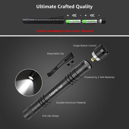 LE LED Pen Flashlight, Compact and Ultra Bright XPE LED Tactical Penlight Flashlight, Waterproof AAA Battery Powered Pocket Flashlight with Clip, 2 Packs