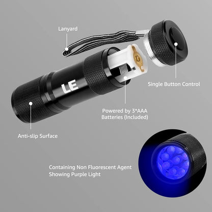 LE Ultra Violet LED Flashlight Blacklight, UV LED Flashlight, 9 LED 395nm, Pet Urine Stain Detector, 3 AAA Batteries Included, Find Stains on Clothes, Carpet or Rugs