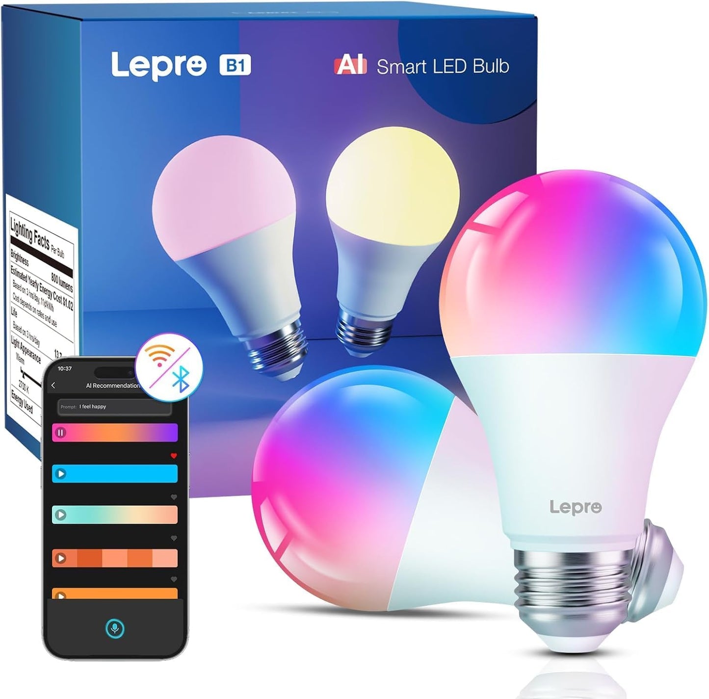Lepro B1 Smart Bulb, Bluetooth Color Changing Light Bulb, AI Mood Recognition, Music Sync, Thousands Dynamic Scenes, RGBWW Color LED Bulbs, A19 8.5W 800 Lumens, Voice Control Via Lepro+ App, 2 Packs