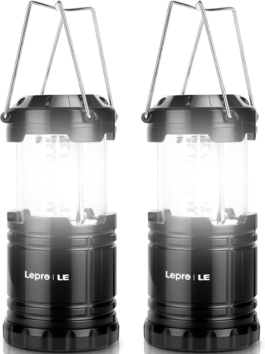 Lepro LED Camping Lantern, Super Bright, Battery Powered, IPX4 Water Resistant, Portable Emergency Lights for Hurricane, Storms, Outages, Collapsible, 2 Packs