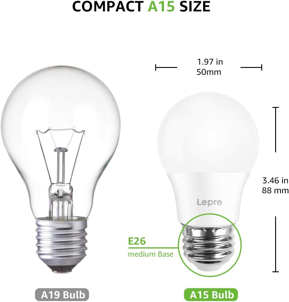 Lepro Refrigerator Light Bulb, A15 E26 Fridge Light Bulb 40W Equivalent, 5W 450lm Non-dimmable moistureproof Freezer Light Bulb, Daylight White, 2 Packs