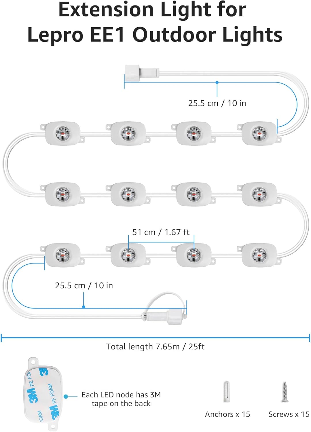 EE1 Permanent Lights Accessories Only, 25ft EE1 Permanent Outdoor Lights Single Strand Without Adapter and in-line Controller