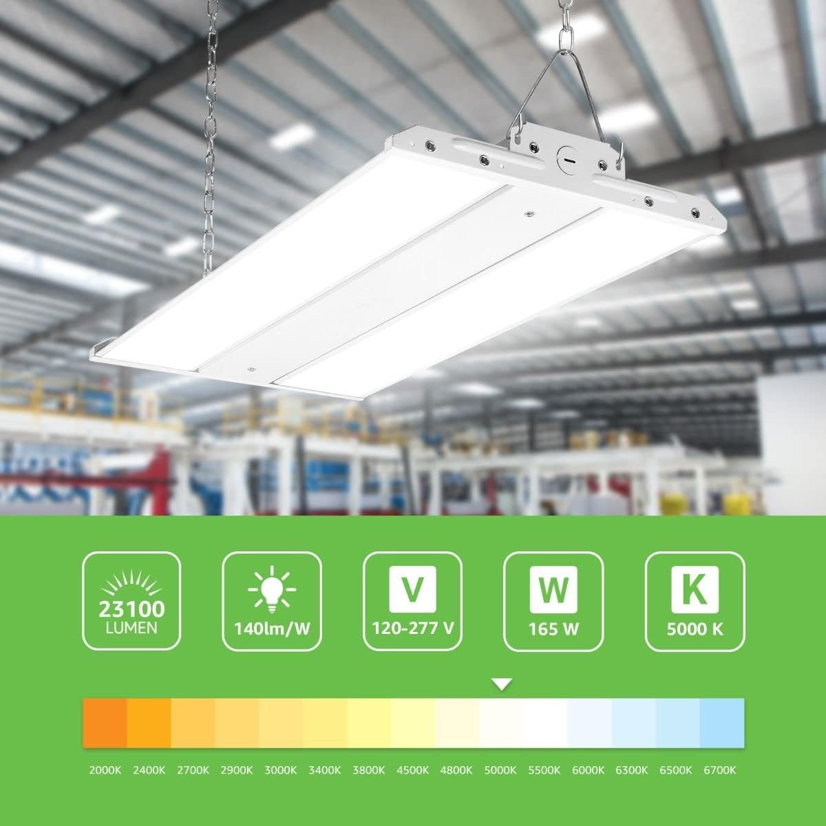 Lepro 165W dimmable linear LED high bay light with 23,100 lumens and 5000K color temperature, ideal for industrial warehouse lighting