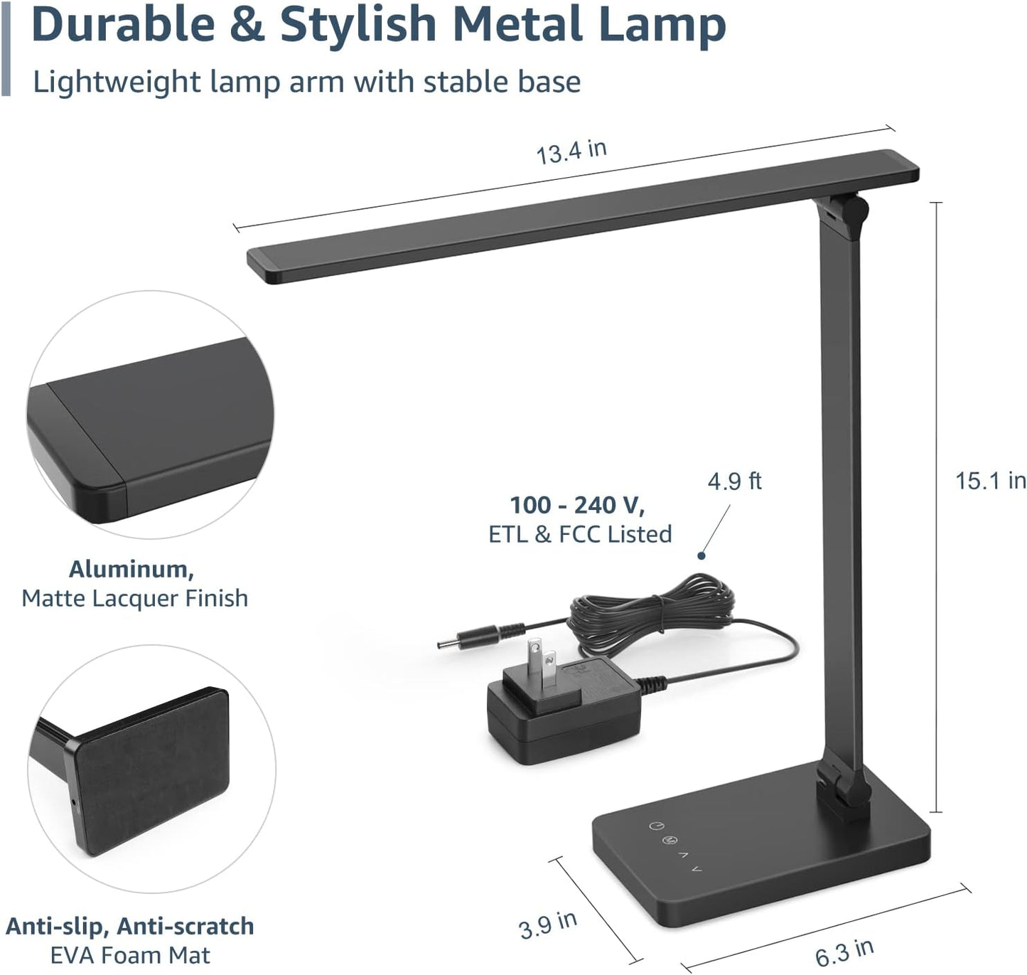 Lepro Desk Lamp LED with USB Charging Port, Dimmable Table Lamp Home Office Reading Touch Control, 3 Color Modes, 5 Brightness Level, College Dorm Room Essentials, Eye Caring, Sewing, Crafting, Black