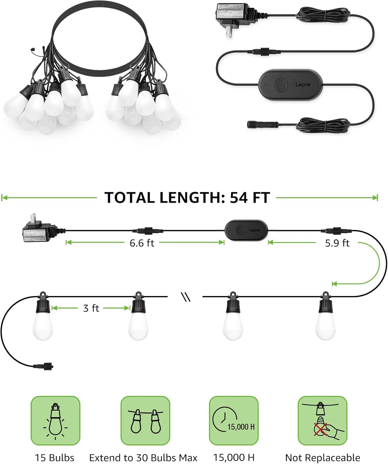 Lepro ZB1 AI Smart String Lights APP Control, 54ft RGB+IC+Warm White Patio Lights 15 LED Bulbs, Alexa Google Enabled Outdoor Lights, AI Generated Lighting LLM, Music Sync, 2.4 GHz WiFi + Bluetooth