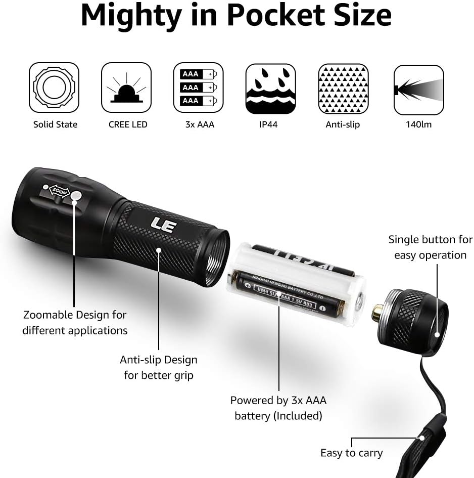 LE Tactical Flashlight, Super Bright Pocket Flashlight, Waterproof XPE LED Flashlight with 3 Light Modes, Portable Zoomable LED Torch Light for Camping, Running, Reading, Hiking, AAA Battery Included