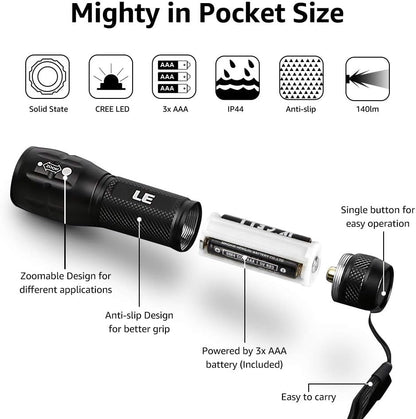 LE Tactical Flashlight, Super Bright Pocket Flashlight, Waterproof XPE LED Flashlight with 3 Light Modes, Portable Zoomable LED Torch Light for Camping, Running, Reading, Hiking, AAA Battery Included