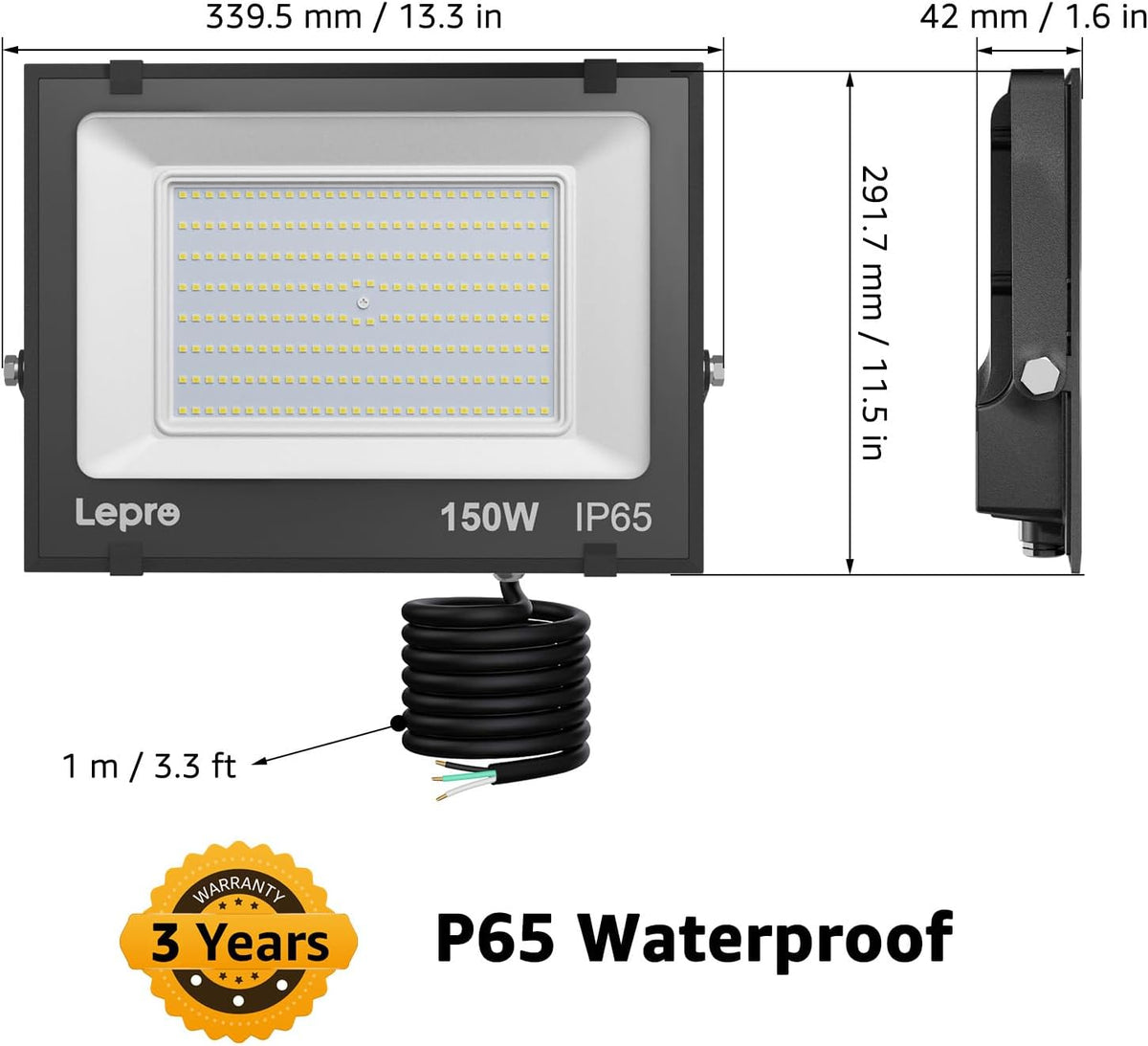 Lepro 150W outdoor LED flood light with 5000K daylight white, 15,000 lumens, suitable for yard, garden, driveway, and outdoor areas