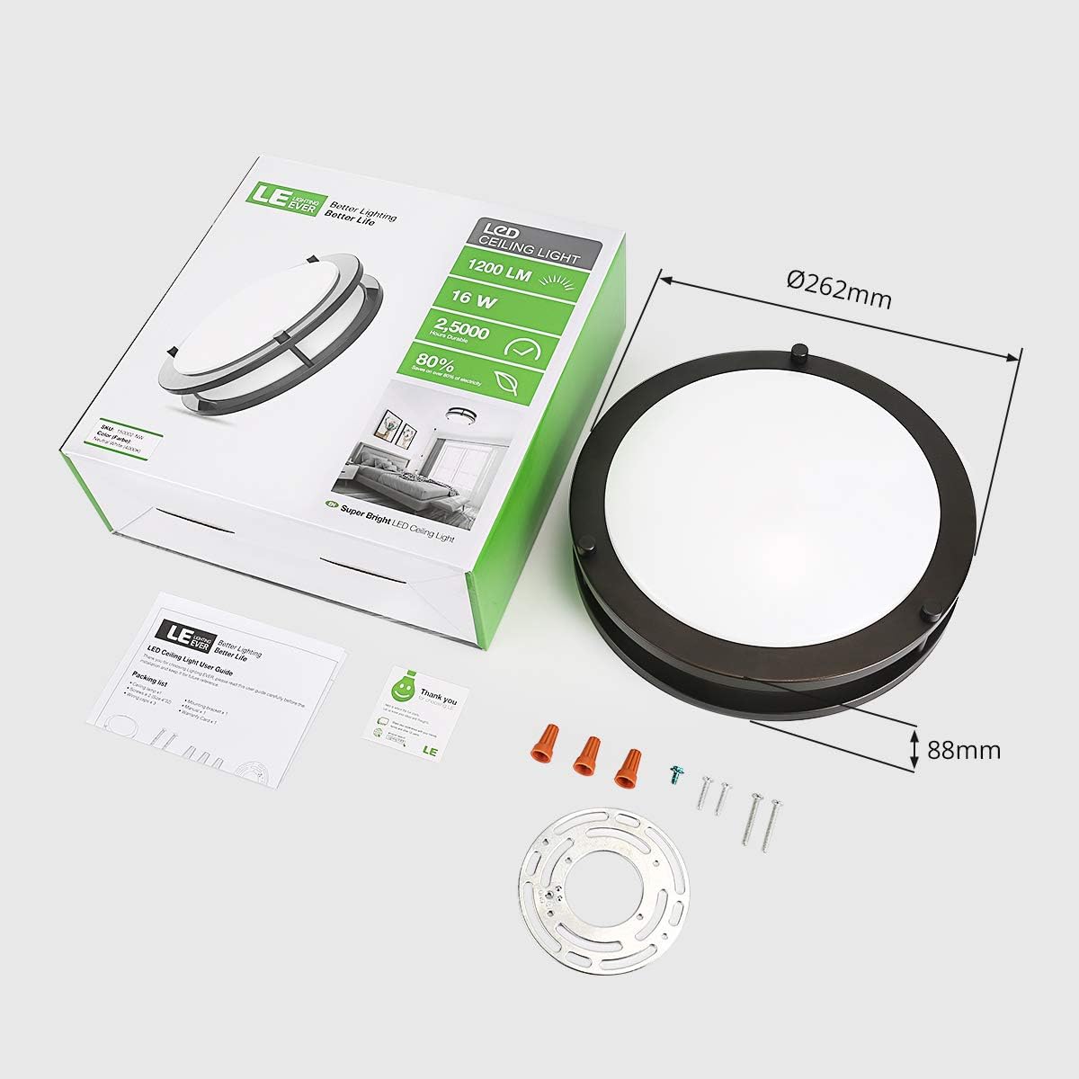 LE Flush Mount Ceiling Light, 16W 10.5 Inch Dimmable Flush Mount Brushed Nickel Light Fixture, 1200lm 80W Incandescent Bulb Replacement Round Flushmount Light for Kitchen, Hallways, Living Room and Bedroom, Daylight White (Black)