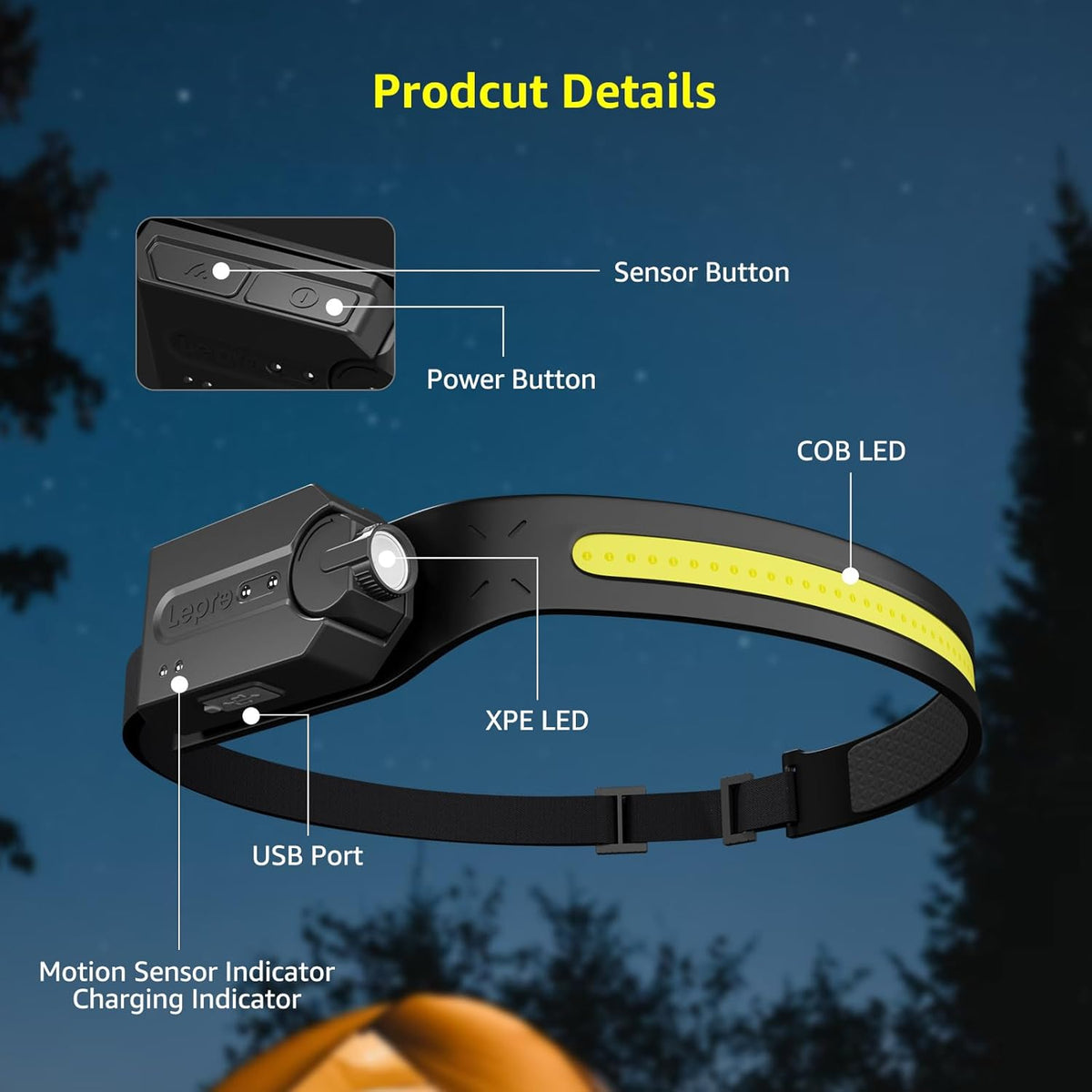 Lepro rechargeable LED headlamp 2-pack with wide beam, motion sensor, 5 light modes, waterproof design for outdoor activities.