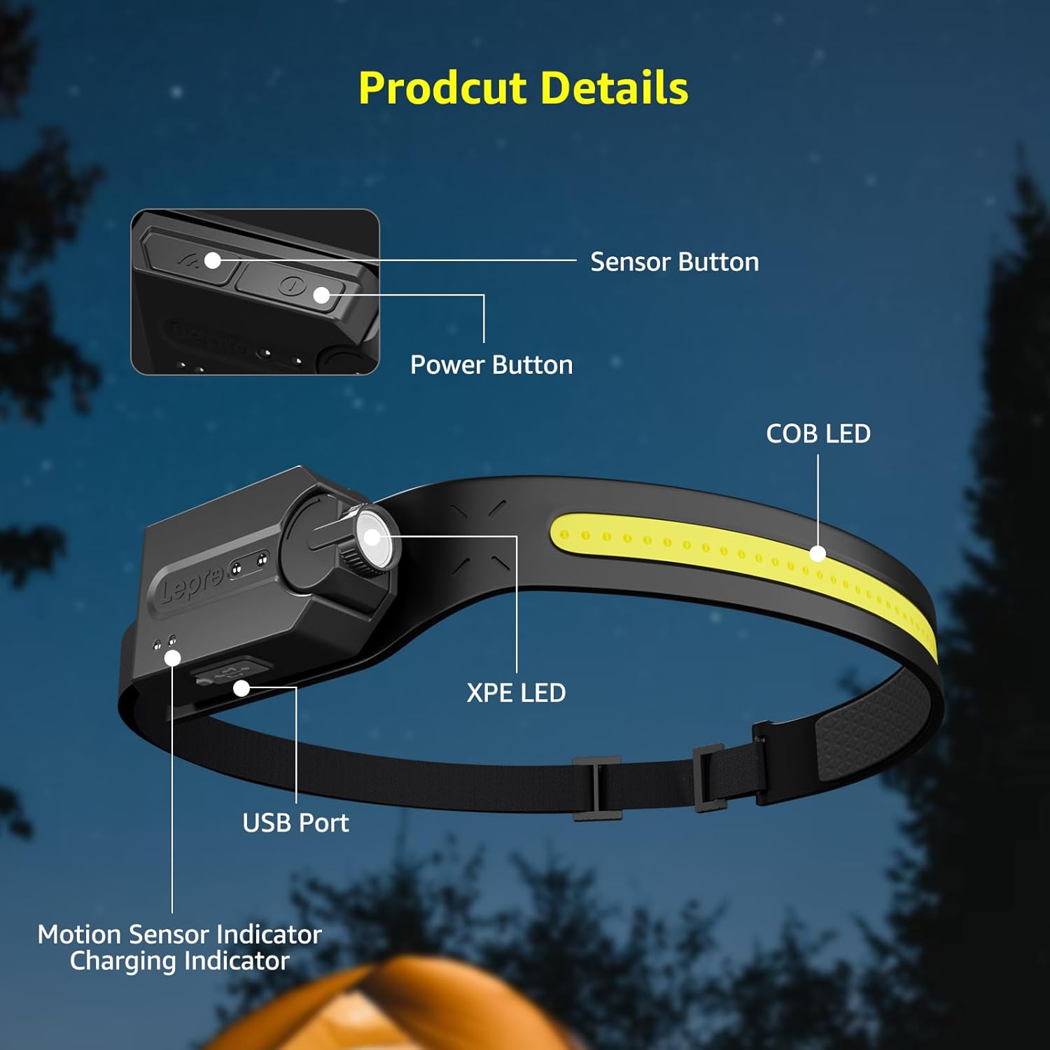 Lepro rechargeable outdoor headlamp with LED light, wide beam, motion sensor, waterproof design, suitable for camping, running, and fishing.