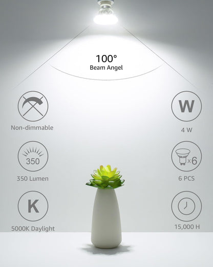 LE GU10 LED Bulbs, 5000K Daylight White GU10 Bulb 50W Equivalent Non-Dimmable, 4W PAR16 LED Spotlight Bulb for Track Lighting, 350lm Light Bulbs for Kitchen, Range Hood, Living Room, Bedroom, 3 Packs