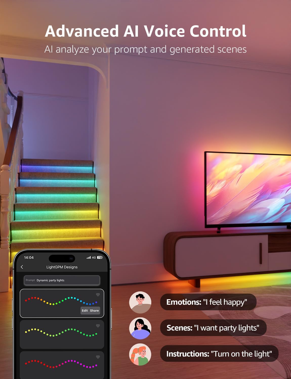 Lepro LED Strip Lights, 65.6ft Music Sync LED Lights Strip with Remote, RGB Color Changing Light Strip for Bedroom, Living Room, Kitchen and More, 32.8ft*2