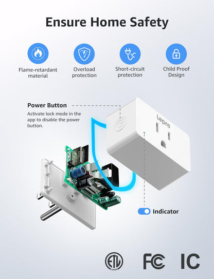 Lepro Smart Plug Mini 15A, Smart Home Wi-Fi Outlet Works with Alexa & Google Home, Schedule & Timer, Group Control, 2.4GHz WiFi Only, No Hub Required, ETL & FCC Certified, 4 Packs