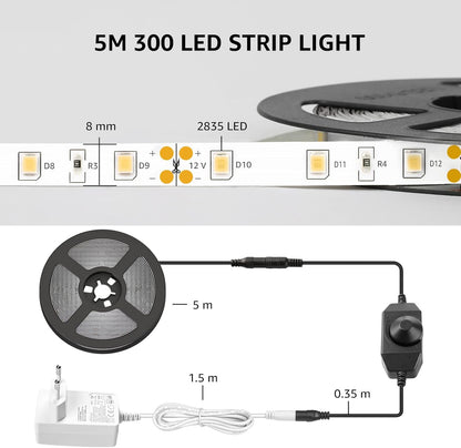 LE LED Strip Lights, 16.4ft 12V Dimmable and Flexible Strip Lights, 3000K Warm White, 300 Units 2835SMD Tape Light for Home, Kitchen, Bedroom, Car and More, Non Waterproof, Power Adapter Included