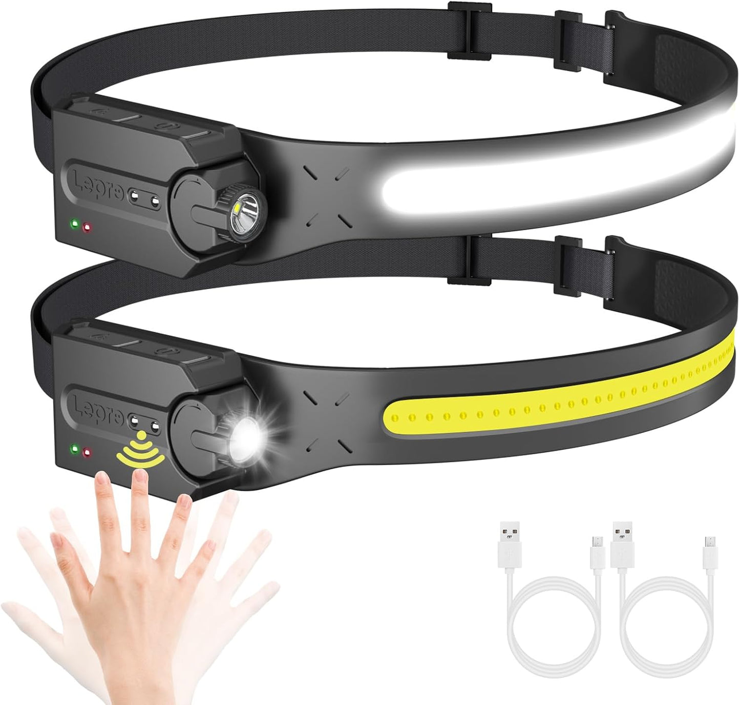 Lepro Rechargeable Headlamp, 2 Pack Super Bright Motion Sensor LED Head Lamp with 5 Light Modes, 230¡ã Wide Beam USB C Lampe Frontale, IP44 Waterproof Headlight for Camping, Running, Fishing, Hardhat