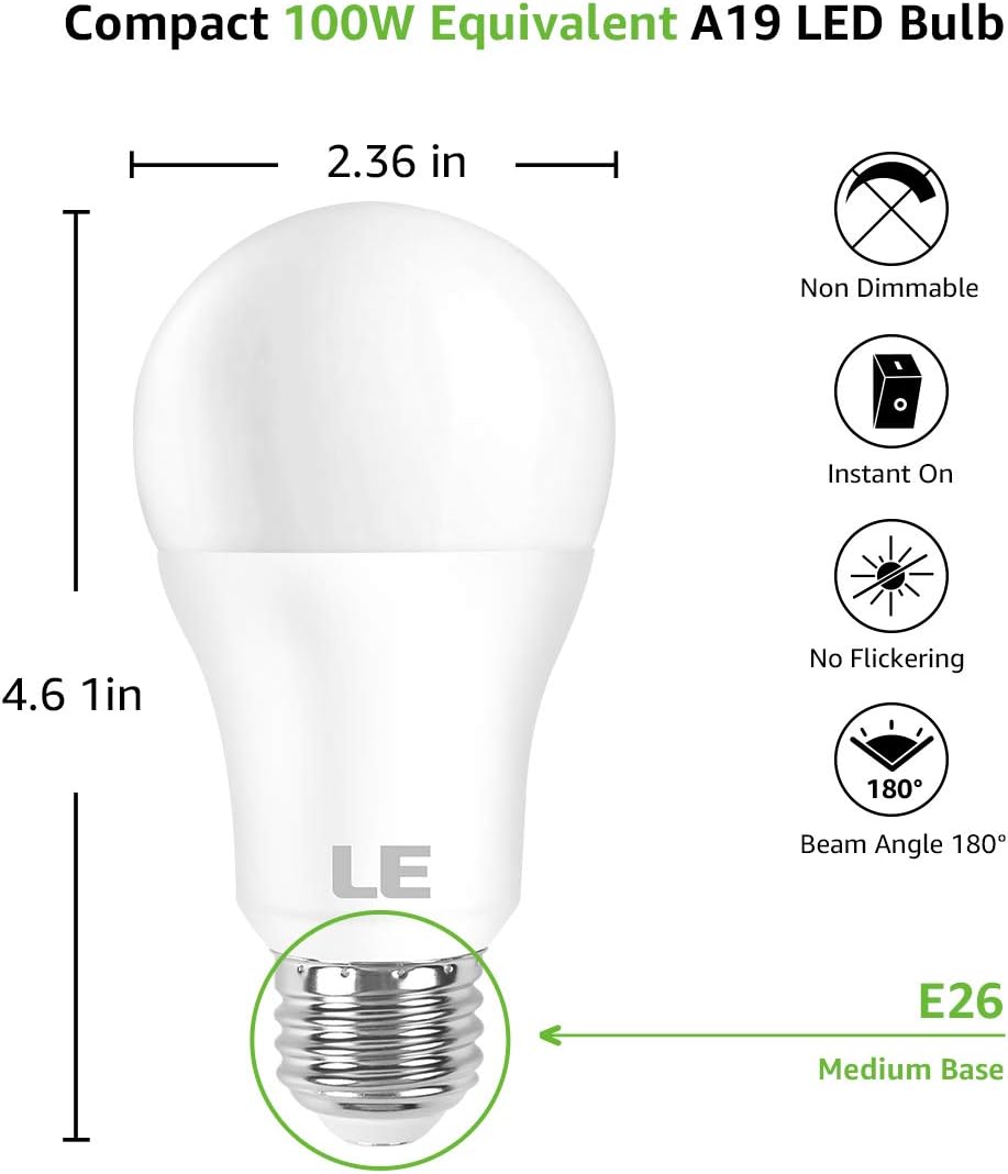 LE LED Light Bulb, 15W A19 E26 LED Bulb 100W Equivalent, Non-dimmable 1500lm Warm White Light Bulb, 6 Packs