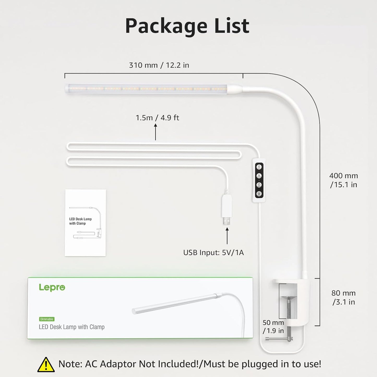 Lepro Desk Lamp with Clamp Clip on Light, Dimmable USB LED Reading light with 3 Color Modes 10 Brightness, Eye-Caring Flexible Gooseneck Table Lamp for Bed Headboard, Workbench, Home Office, Computer, White