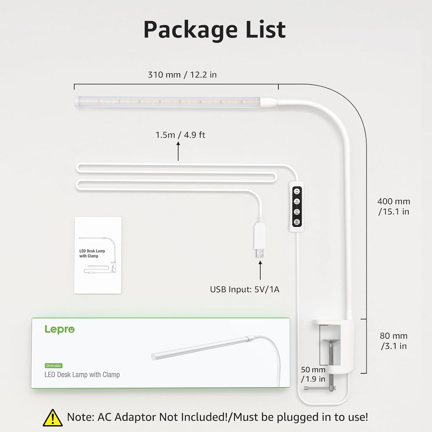 Lepro Desk Lamp with Clamp Clip on Light, Dimmable USB LED Reading light with 3 Color Modes 10 Brightness, Eye-Caring Flexible Gooseneck Table Lamp for Bed Headboard, Workbench, Home Office, Computer, White