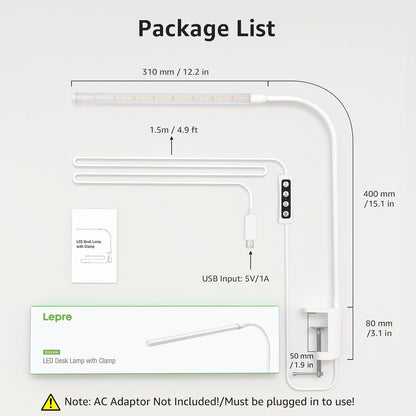 Lepro Desk Lamp with Clamp Clip on Light, Dimmable USB LED Reading light with 3 Color Modes 10 Brightness, Eye-Caring Flexible Gooseneck Table Lamp for Bed Headboard, Workbench, Home Office, Computer, White