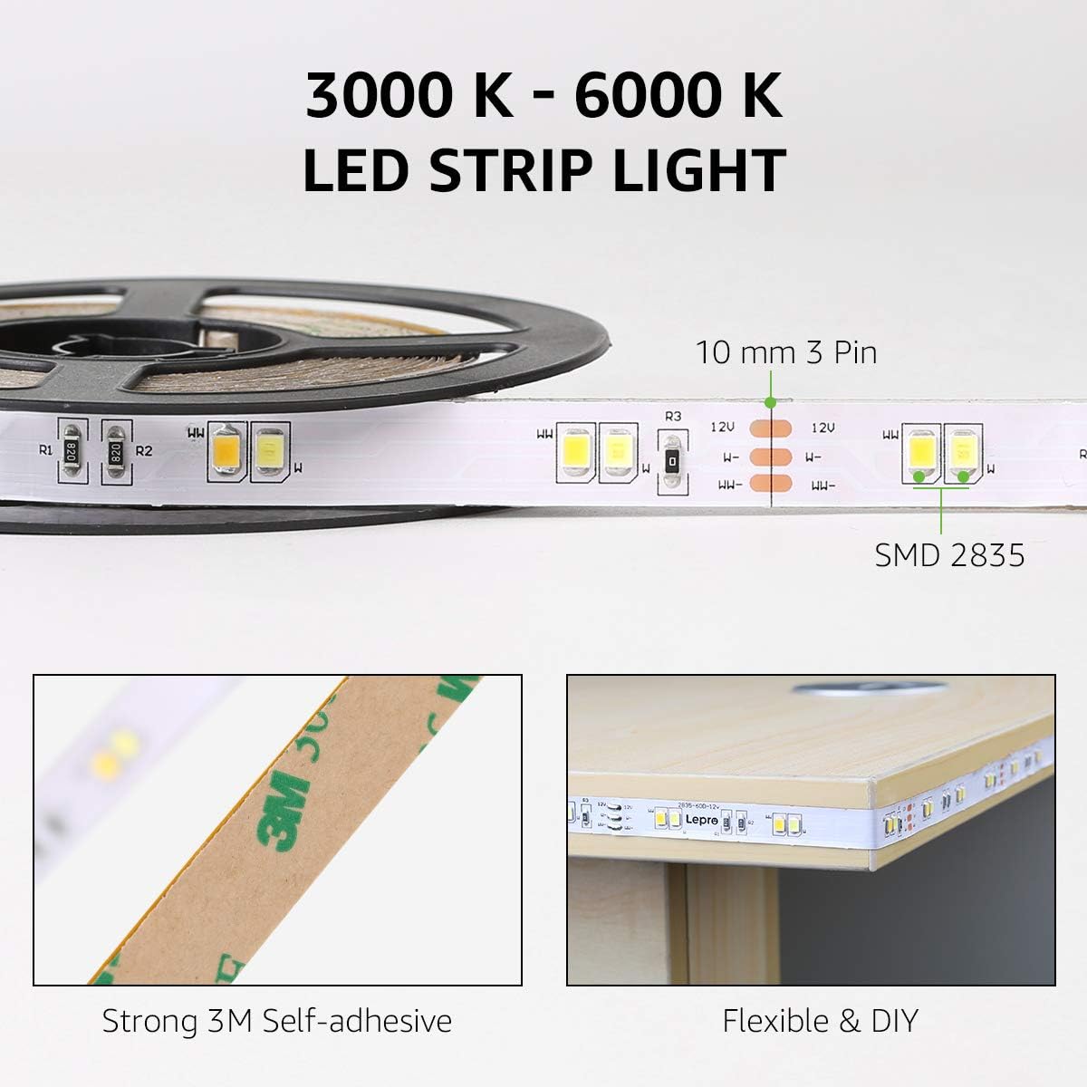 32.8ft 3000K-6000K Tunable White LED Strip Lights, Dimmable Super Bright LED Tape Lights with 600 SMD 2835 LEDs for Living Room, Kitchen, Bedroom, Dining Room
