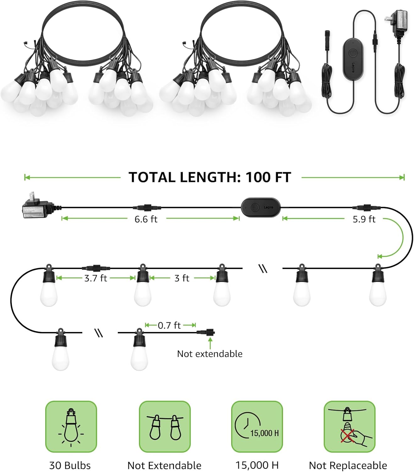 Lepro ZB1 AI Smart String Lights APP Control, 100ft RGB+IC+Warm White Patio Lights 30 LED Bulbs, Alexa Google Enabled Outdoor Lights, AI Generated Lighting LLM, Music Sync, 2.4 GHz WiFi + Bluetooth