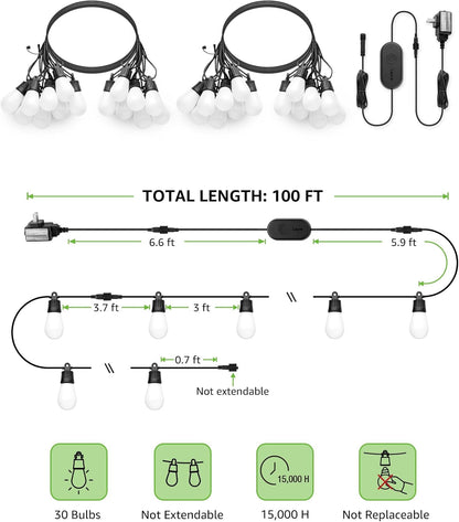 Lepro ZB1 AI Smart String Lights APP Control, 100ft RGB+IC+Warm White Patio Lights 30 LED Bulbs, Alexa Google Enabled Outdoor Lights, AI Generated Lighting LLM, Music Sync, 2.4 GHz WiFi + Bluetooth