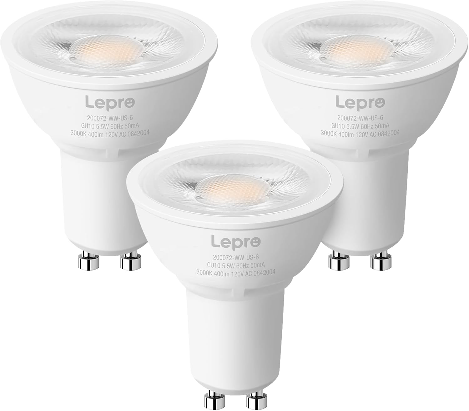 Lepro Dimmable GU10 Light Bulbs, 3000K Soft Warm Light GU10 LED Bulbs, 5.5W(50W Halogen Equivalent) PAR16 LED Spotlight Bulb, Track Lighting Bulb for Kitchen, Range Hood, Bedroom, 3 Packs