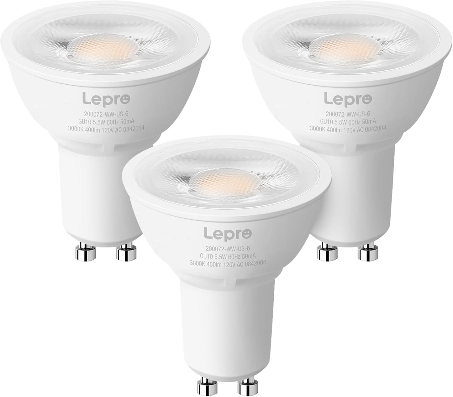 Lepro Dimmable GU10 Light Bulbs, 3000K Soft Warm Light GU10 LED Bulbs, 5.5W(50W Halogen Equivalent) PAR16 LED Spotlight Bulb, Track Lighting Bulb for Kitchen, Range Hood, Bedroom, 3 Packs