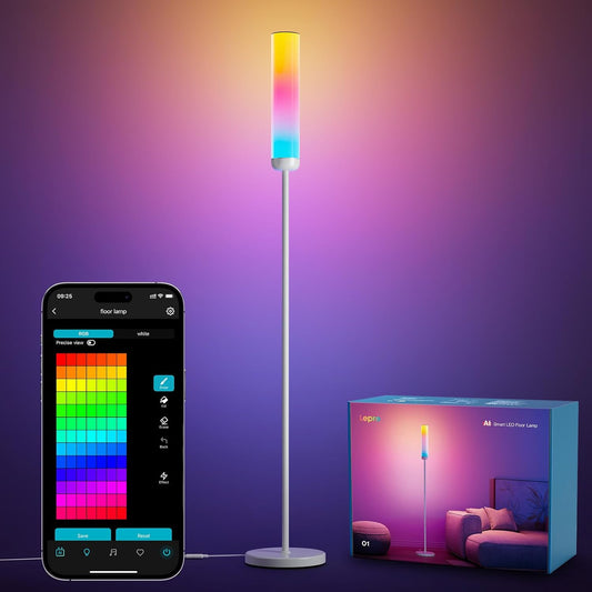 Lepro O1 AI floor lamp with RGBICWW lighting, smart WiFi control, and music sync in a modern cylindrical design for living room or bedroom