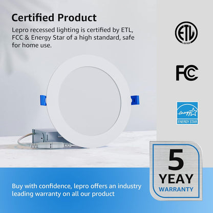 Lepro LED Pot Lights 4 Inch, 10W Dimmable Slim Recessed Lights with Junction Box, 750LM 3000K LED Ceiling Downlight for Kitchen Living Room Bedroom, Energy Star Certified, 12 Pack