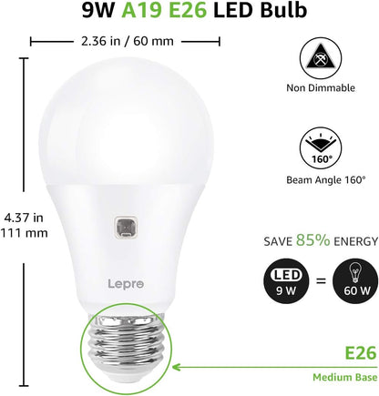 Lepro Sensor Light Bulbs, 9W Dusk to Dawn Light Bulb 60W Equivalent, A19 E26 Sensor Bulbs Outdoor Auto on and Off, Daylight White 5000K, 2 Packs