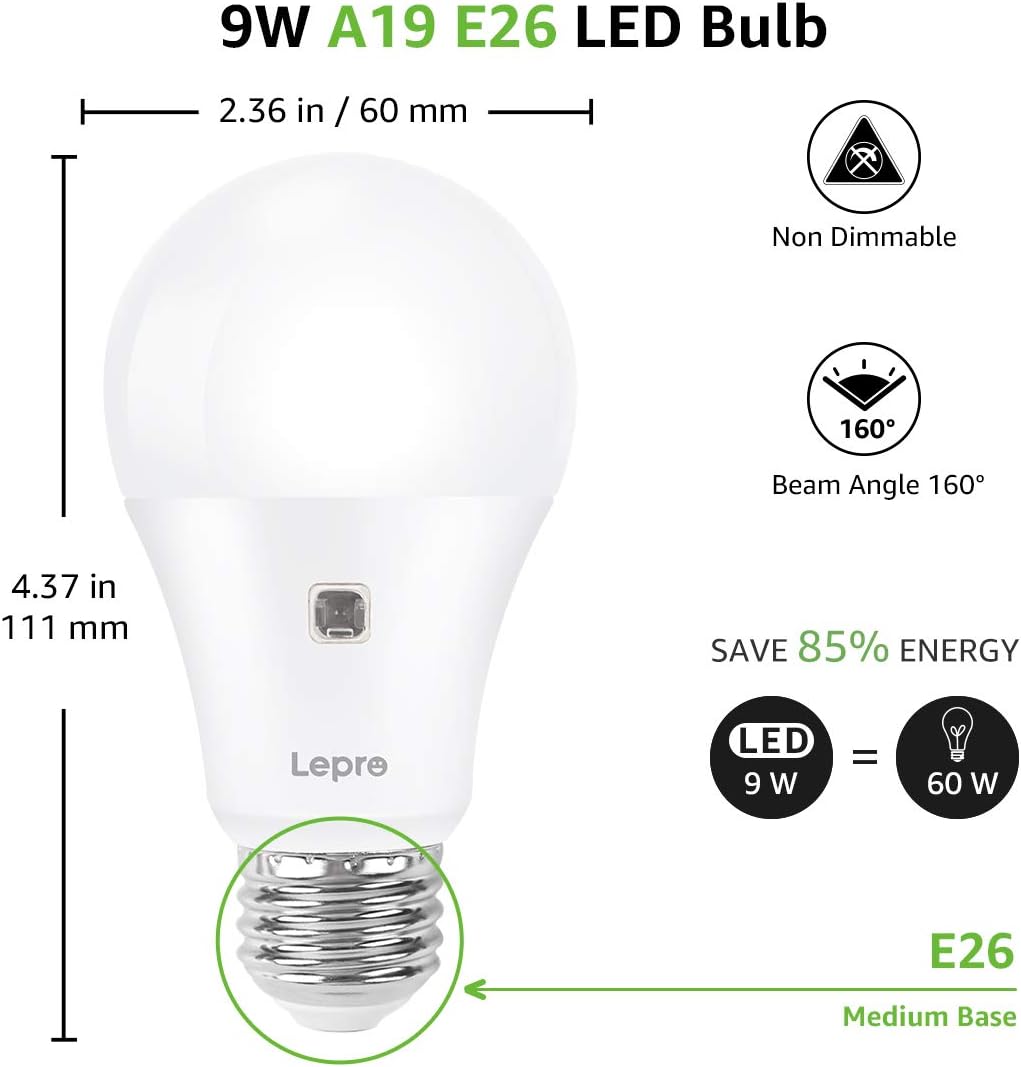 Lepro Sensor Light Bulbs, 9W Dusk to Dawn Light Bulb 60W Equivalent, A19 E26 Sensor Bulbs Outdoor Auto on and Off, Warm White 2700K, 2 Packs