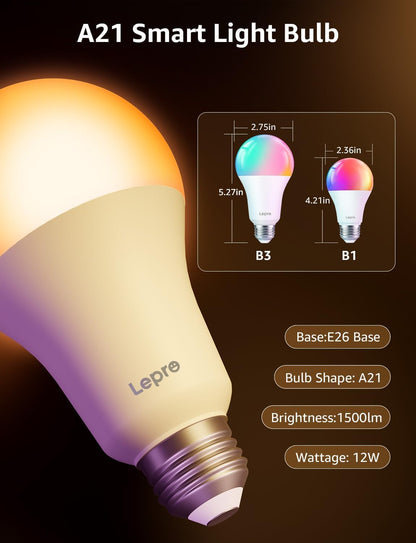 Lepro B3 AI Smart Bulb, 1500 Lumen Smart Light Bulb 100W RGBWW Dimmable, Color Changing LED Light Bulbs A21 E26, Work with Alexa and Google Assistant, WiFi & Bluetooth, Music Sync, 4 Packs