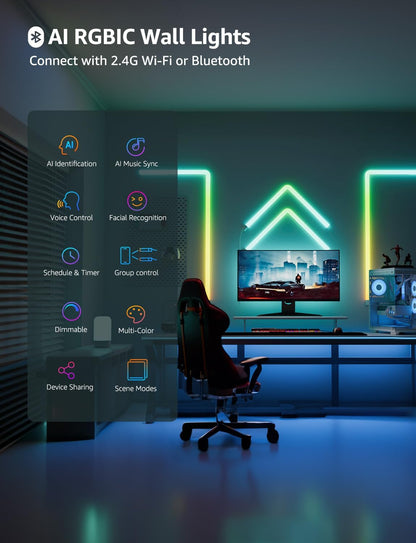 Lepro WL1 AI Glide RGBIC Smart Wall Light, LLM Wall Light, Work with Alexa/Google Assistant, Multicolor Segmented Control, LED Light for Gaming, TV LED Backlight, Smart LED Lights, 6 Pcs+2 Corners
