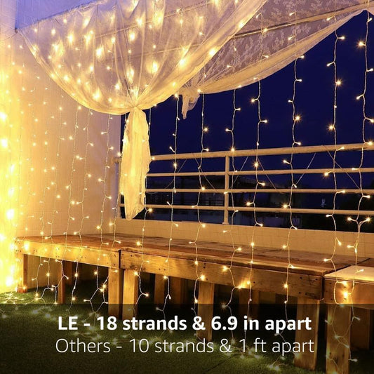 Lepro LE 306 LED curtain lights in warm white, 9.8x9.8 ft fairy string lights for indoor outdoor decoration, wedding, patio, or garden.