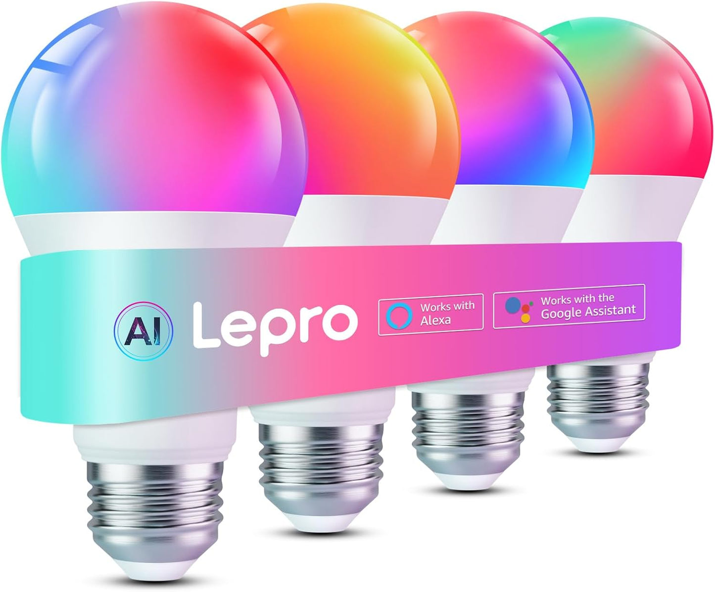 Lepro B2 AI smart LED light bulbs, 1100 lumens, RGBWW color changing, WiFi & Bluetooth, compatible with Alexa and Google Assistant.