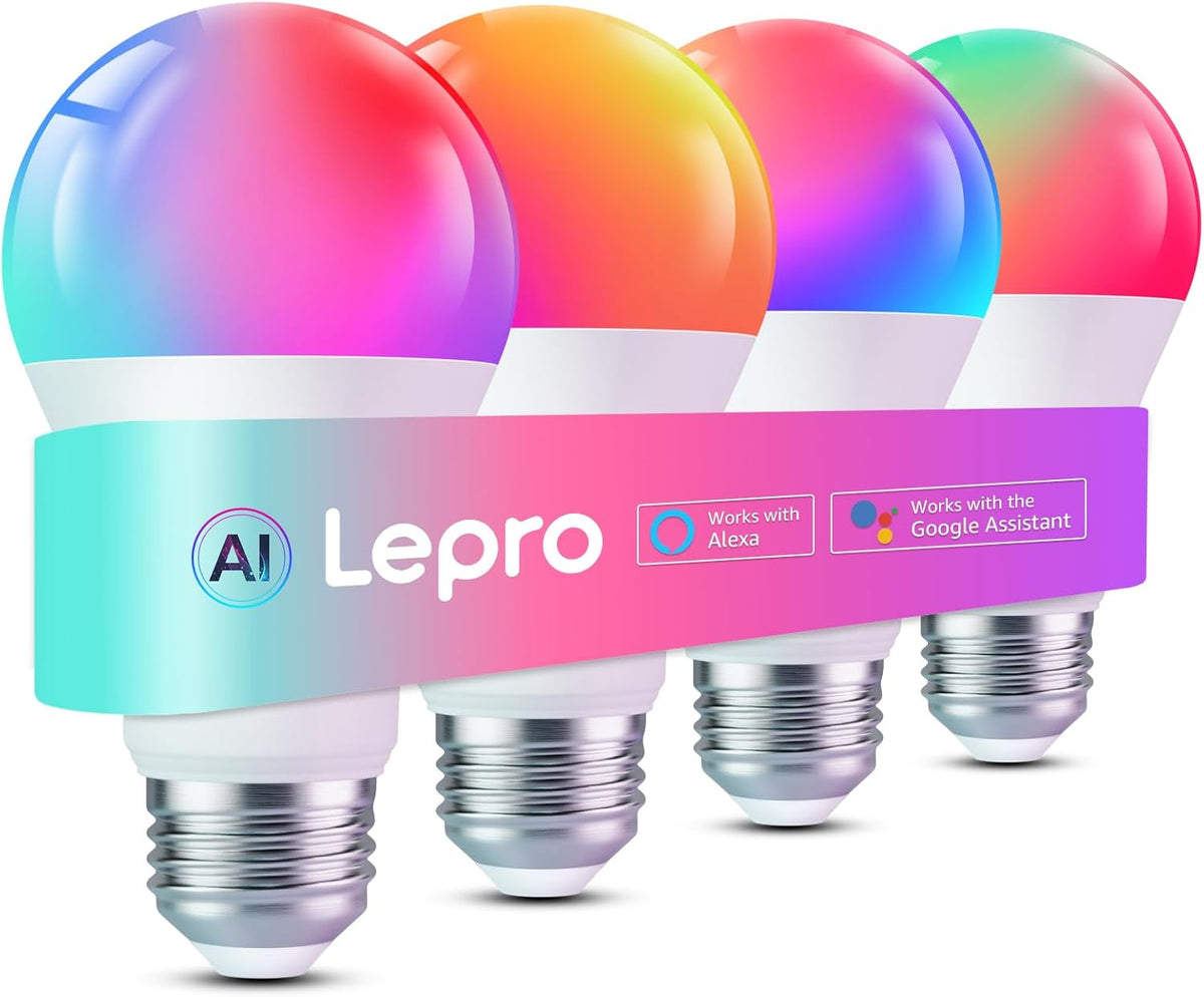 Lepro B2 AI smart LED light bulbs, 1100 lumens, RGBWW color changing, WiFi & Bluetooth, compatible with Alexa and Google Assistant.