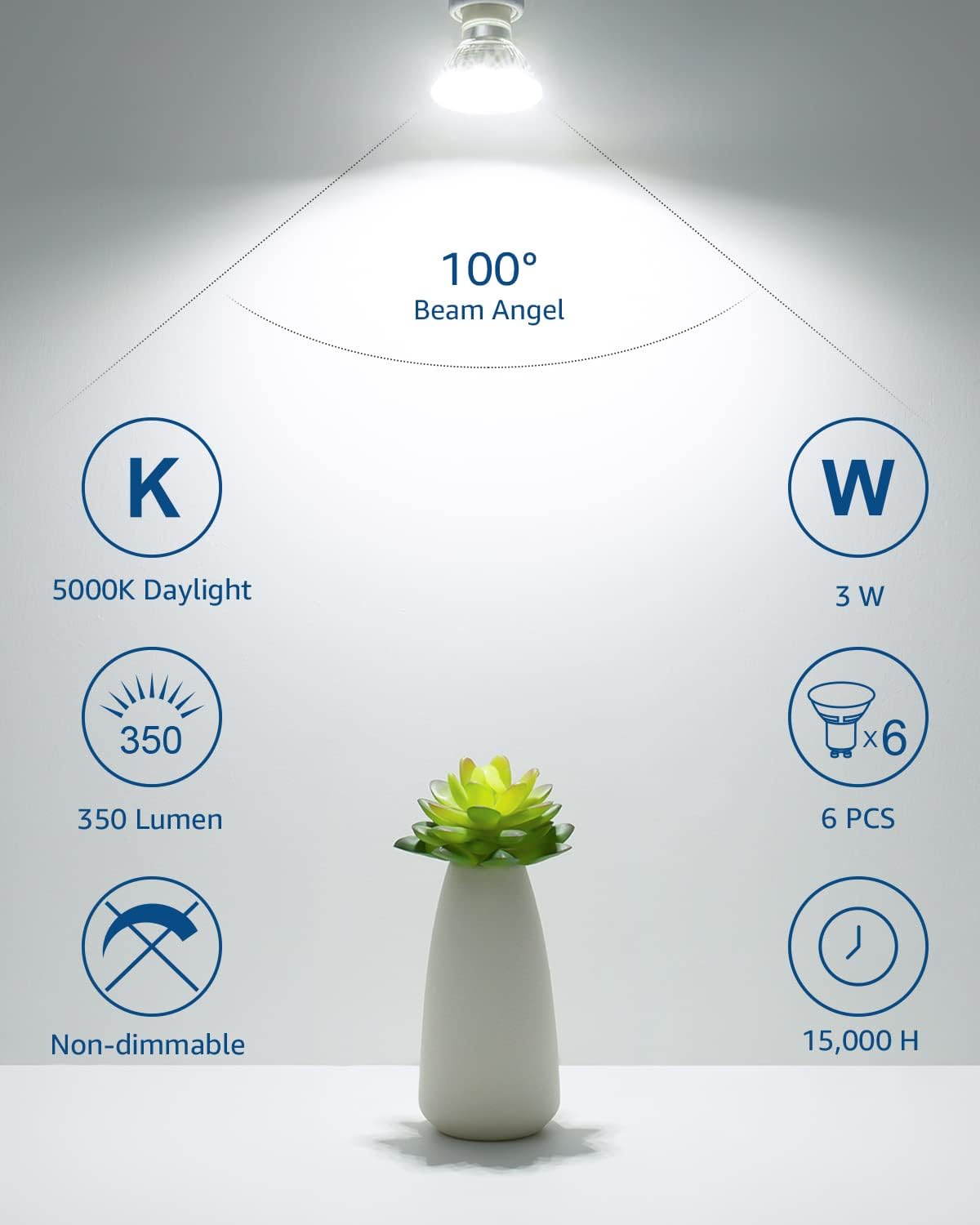 LE GU10 LED Bulbs, 5000K Daylight White GU10 Bulb 50W Equivalent Non-Dimmable, 4W PAR16 LED Spotlight Bulb for Track Lighting, 350lm Light Bulbs for Kitchen, Range Hood, Living Room, Bedroom, 6 Packs