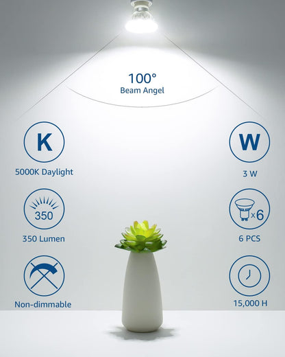 LE GU10 LED Bulbs, 5000K Daylight White GU10 Bulb 50W Equivalent Non-Dimmable, 4W PAR16 LED Spotlight Bulb for Track Lighting, 350lm Light Bulbs for Kitchen, Range Hood, Living Room, Bedroom, 6 Packs