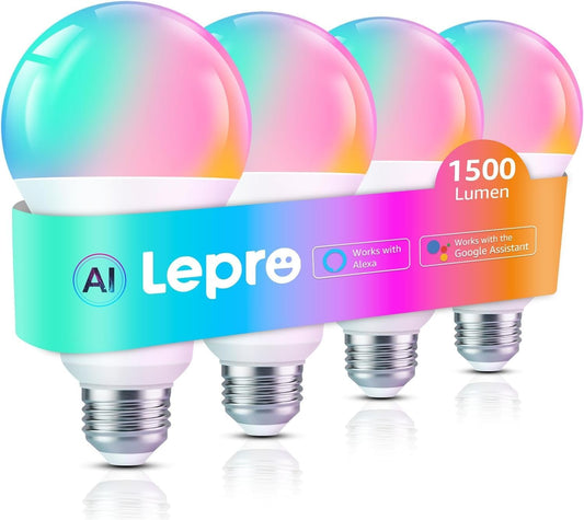 Lepro B3 AI Smart Bulb, 1500 Lumen Smart Light Bulb 100W RGBWW Dimmable, Color Changing LED Light Bulbs A21 E26, Work with Alexa and Google Assistant, WiFi & Bluetooth, Music Sync, 4 Packs