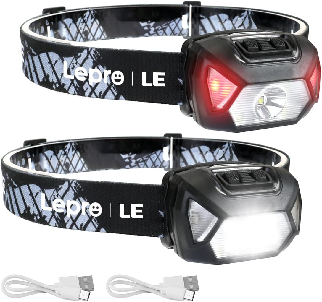 2 Pack LED Headlamp, Super Bright Rechargeable Head Lamp with white & Red Light and 6 Lighting Modes, Compact and Lightweight, Waterproof Headlamp Flashlight for Camping Hunting Climbing Running Outdoor