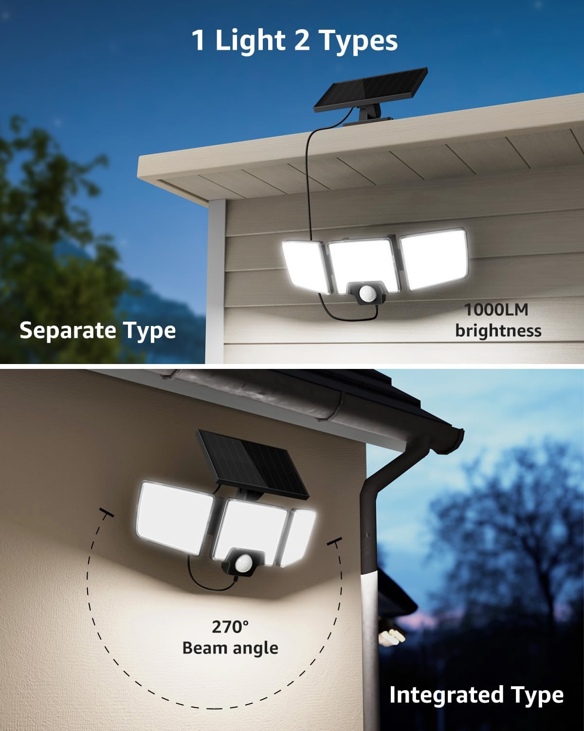 Lepro outdoor solar motion sensor lights, 1000LM, waterproof IP65, with remote control, for garden, yard, or garage lighting.