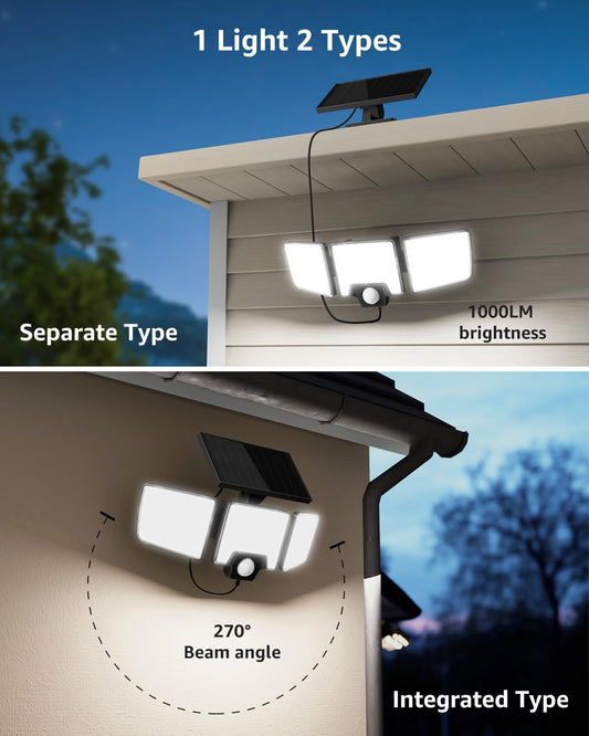 Lepro outdoor solar motion sensor lights, 1000LM, waterproof IP65, with remote control, for garden, yard, or garage lighting.