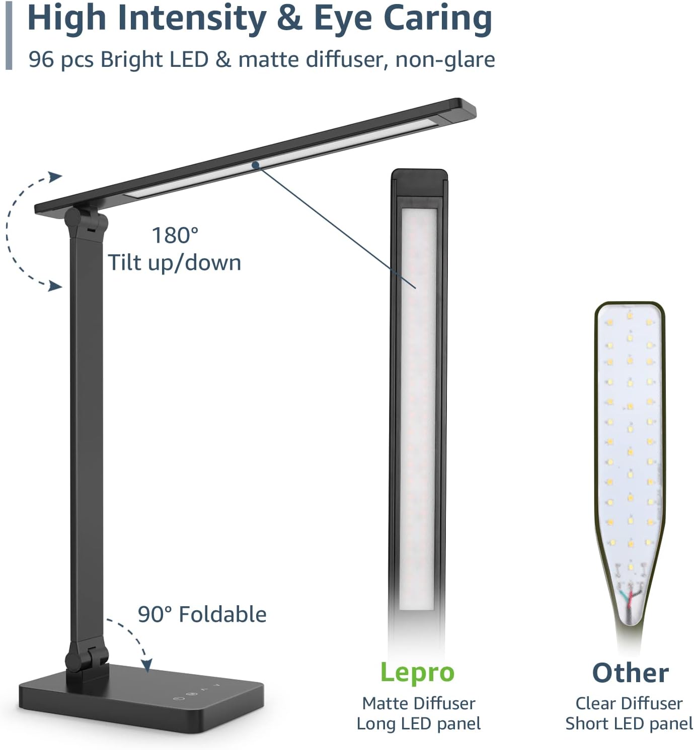 Lepro Desk Lamp LED with USB Charging Port, Dimmable Table Lamp Home Office Reading Touch Control, 3 Color Modes, 5 Brightness Level, College Dorm Room Essentials, Eye Caring, Sewing, Crafting, Black